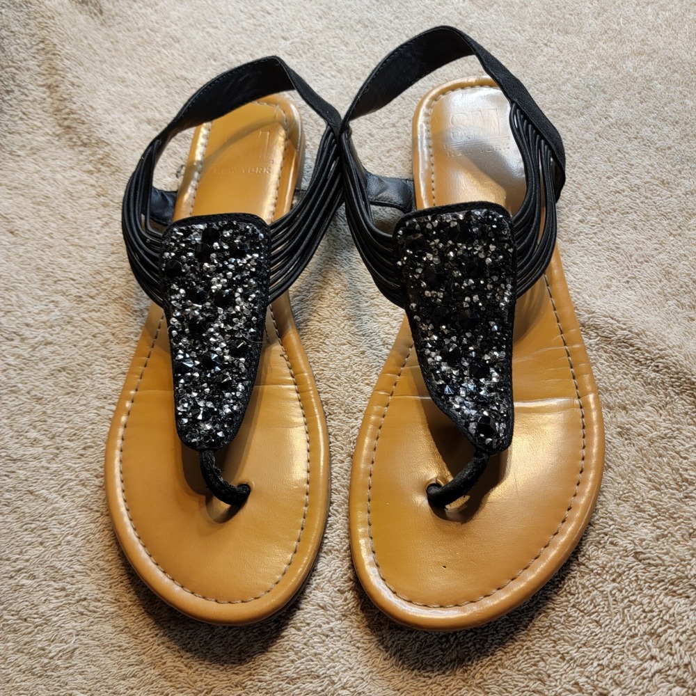 SM New York Womens Eden Sandals Size 8M Black‎ & Silver Gems